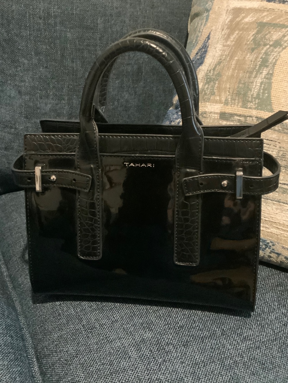 Tahari Black Patent Croc-Trim Satchel